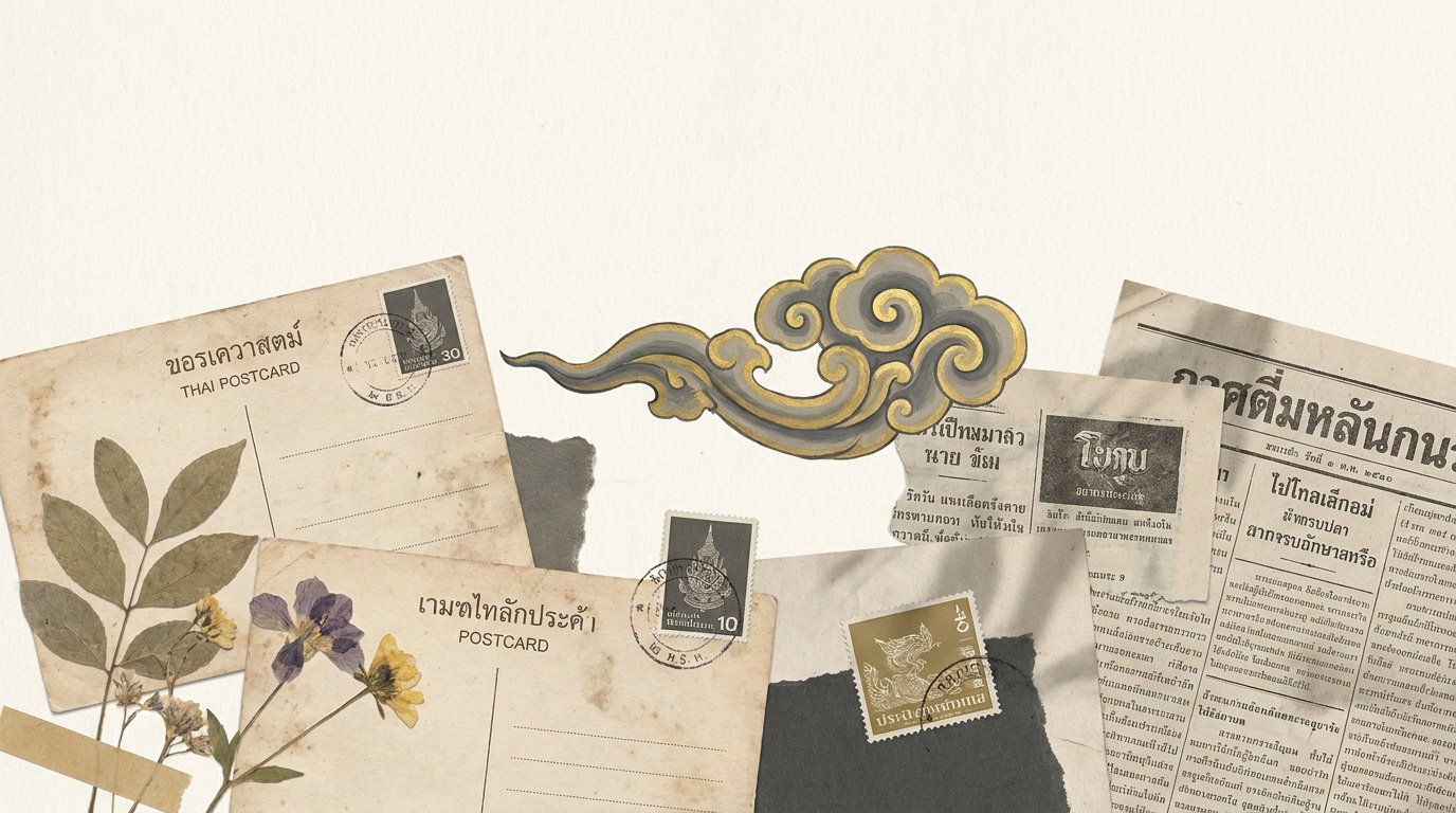 Archival collage of Thai postcards, pressed flowers, and stylized Thai cloud motif